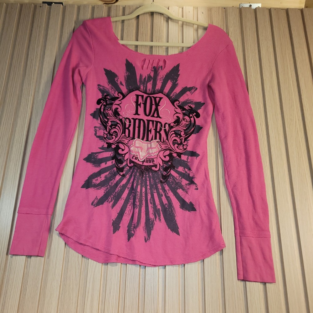 Fox Racing Thermal Top Women XS Pink Good Y2K Graphic Long Sleeve Waffle Knit